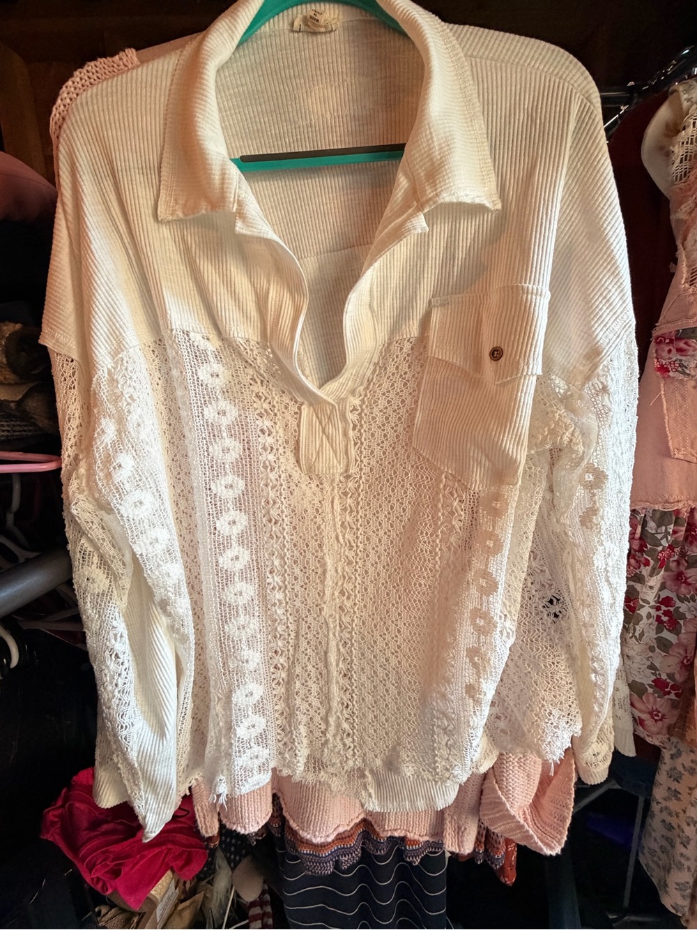 POL Cream Lace Knit Pullover with Polo Collar